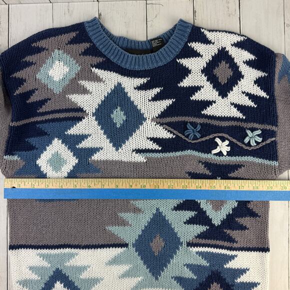 VTG Cafe Blue/White Southwest Aztec Striped Knit Crewneck Sweater Size Medium - Picture 10 of 12